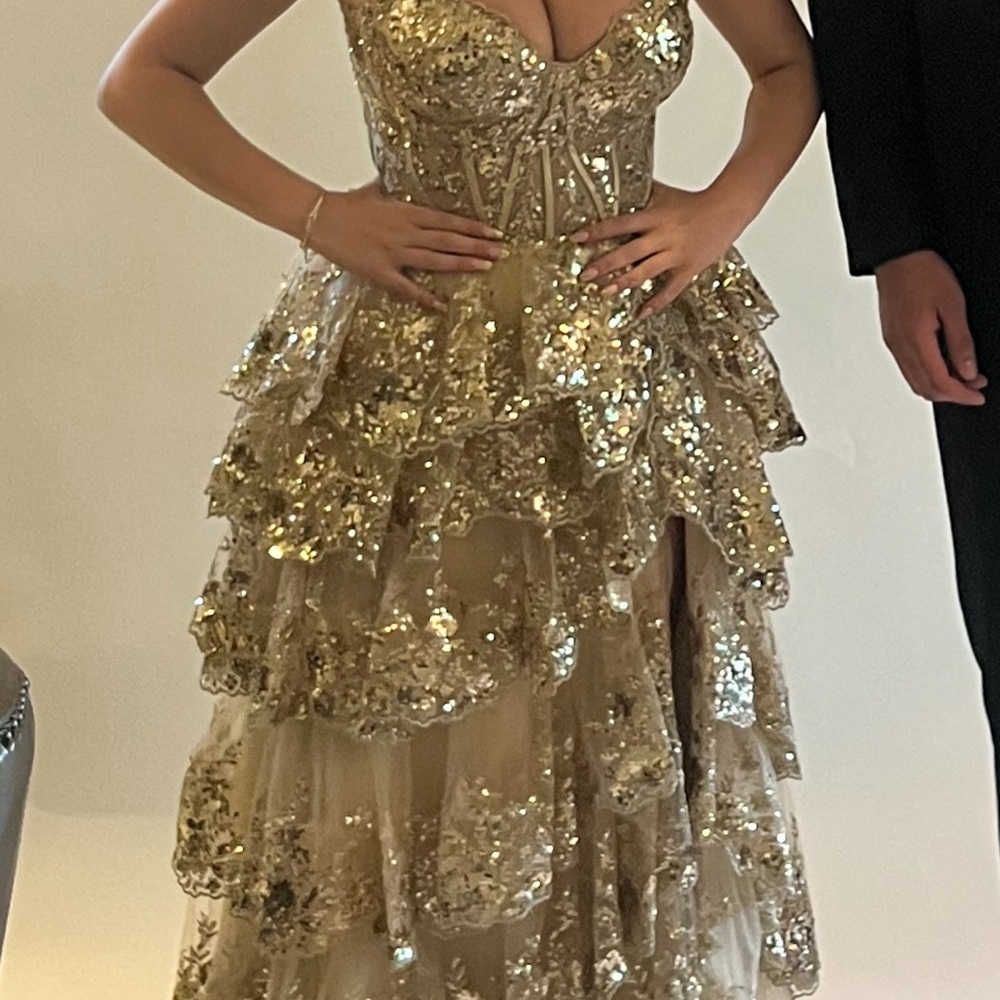 Gold sequined Sherry Hill Prom Dress